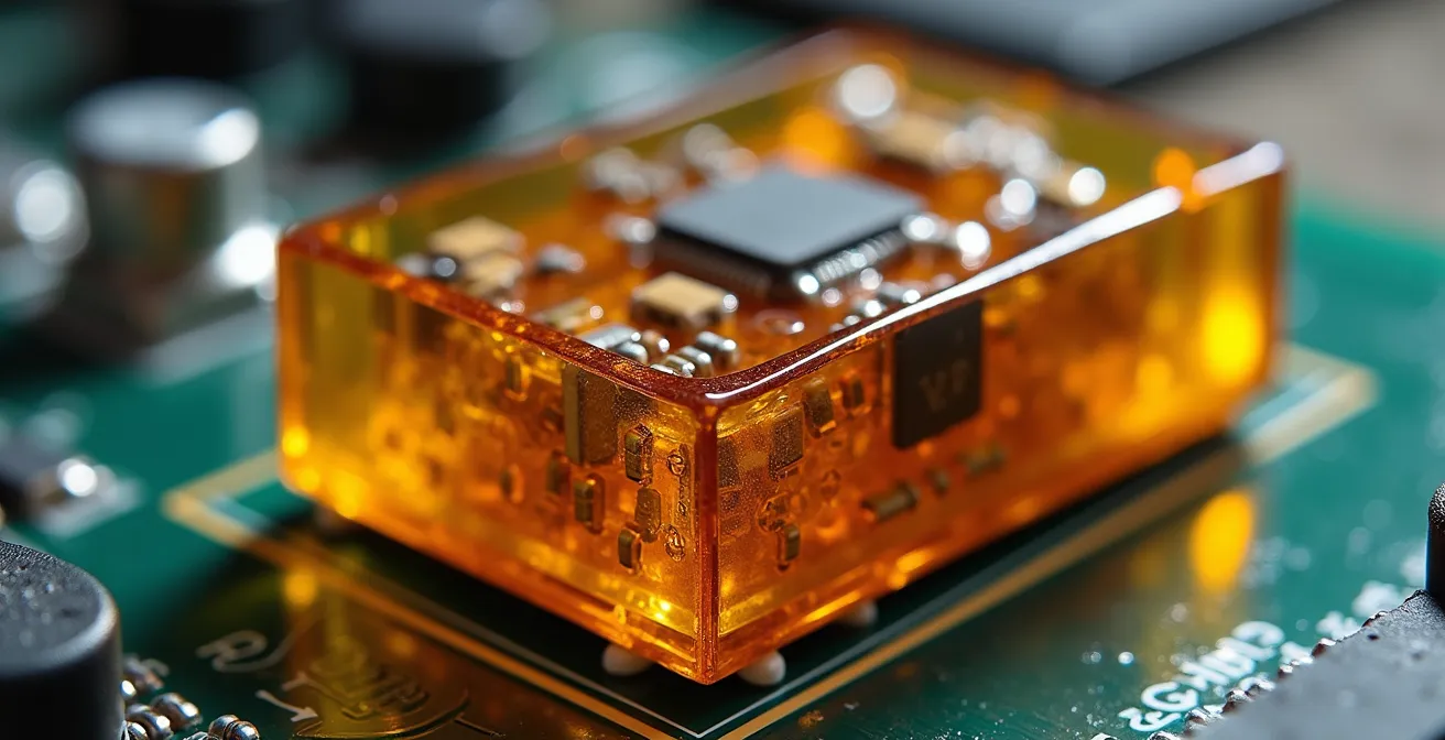 Macro view of epoxy-potted ABS module showing sealed components