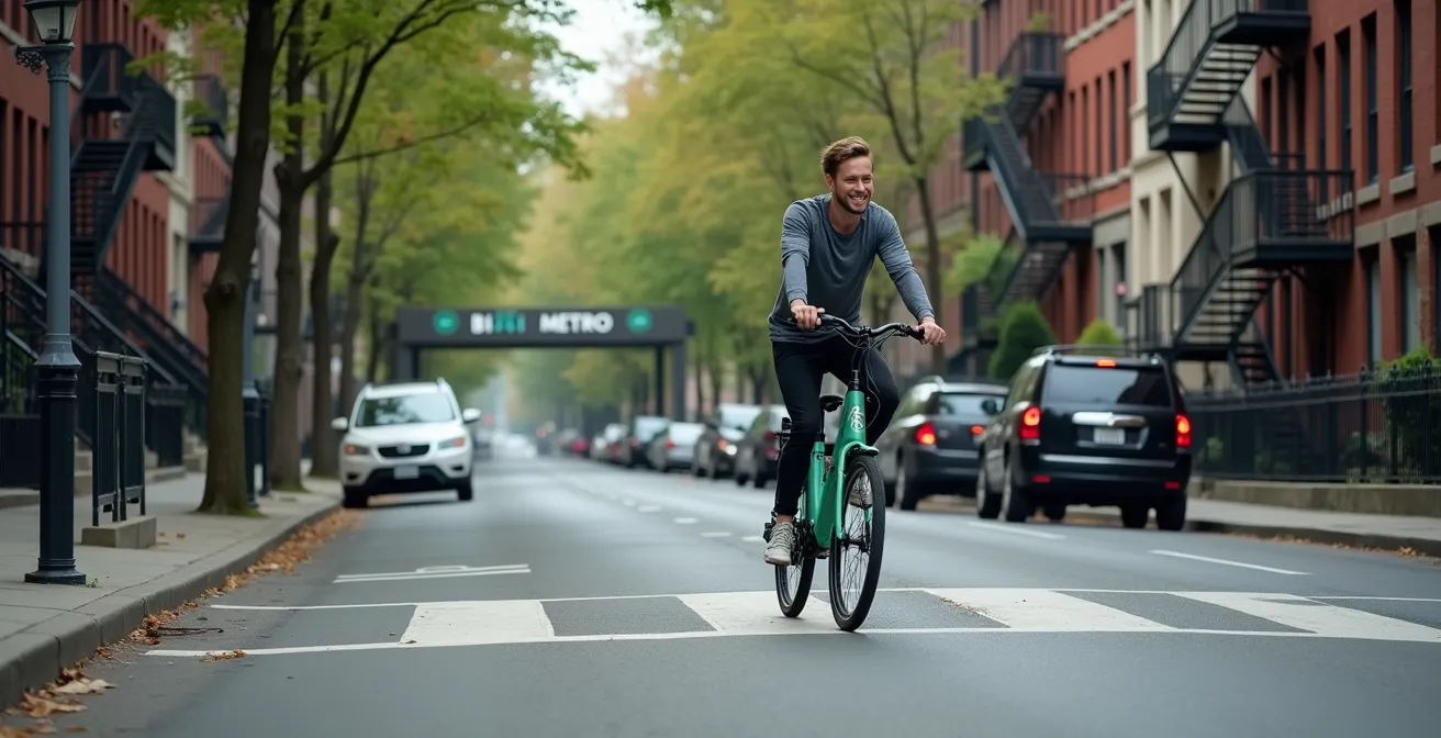 Cyclist on BIXI bike navigating tree-lined Plateau street with metro station in background