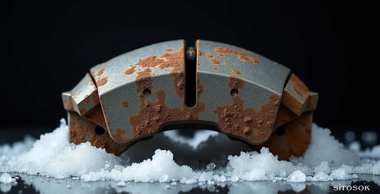 Detailed view of a corroded brake caliper showing salt damage and seized components