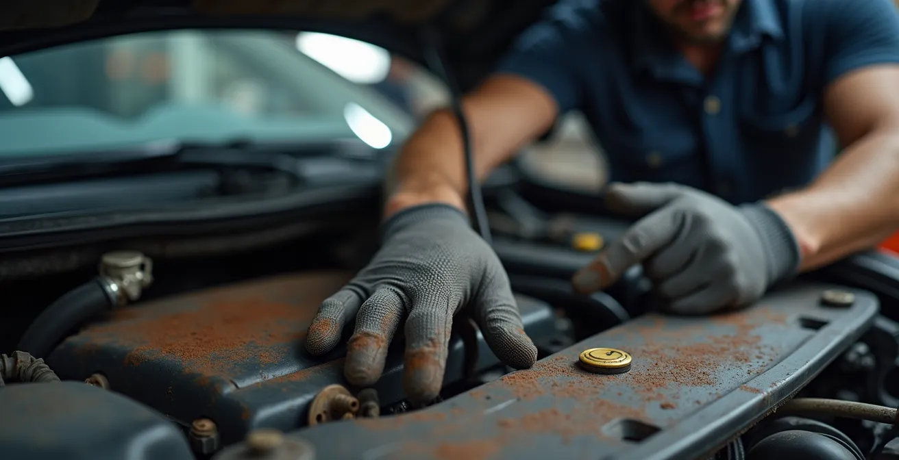 Close-up view of corroded A/C compressor lines on a vehicle, showing white and green salt damage patterns.