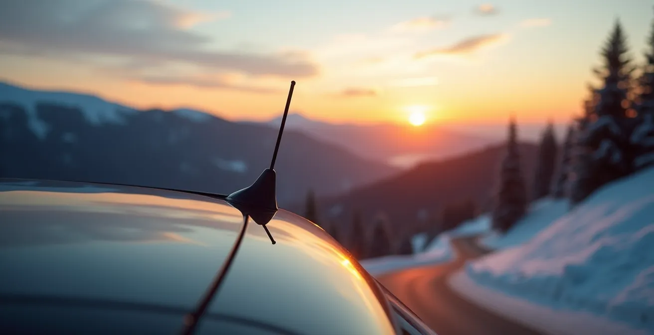 A car's shark-fin antenna silhouetted against a beautiful winter sunset over the snowy Laurentian mountains in Quebec.