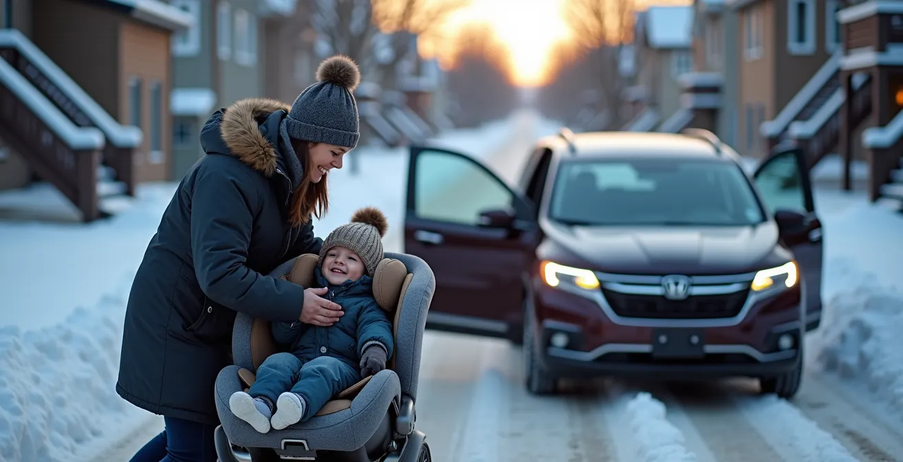 Close-up comparison of a crossover's swing door versus minivan's sliding door in tight Quebec winter parking with snowbanks