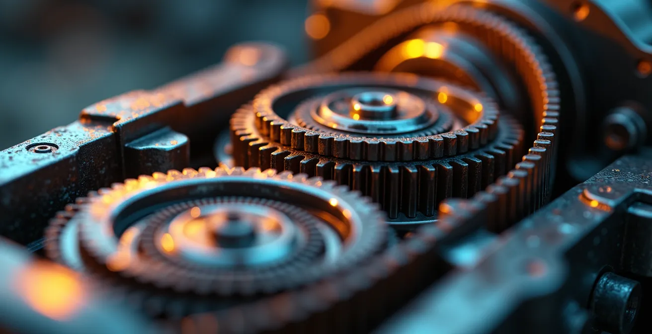 Macro view of CVT transmission internal components showing belt and pulleys