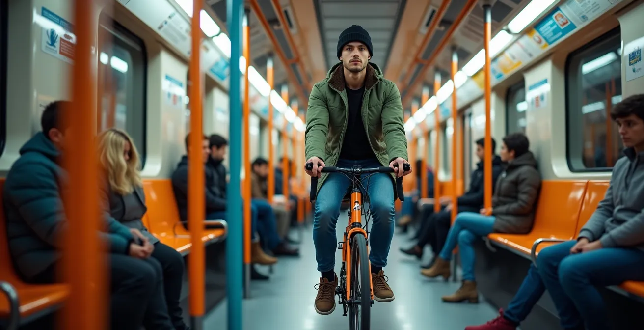 Cyclist positioning bike correctly in Montreal metro car