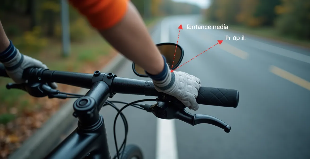 Macro close-up showing the exact safe passing distance between a car and cyclist on a Montreal street