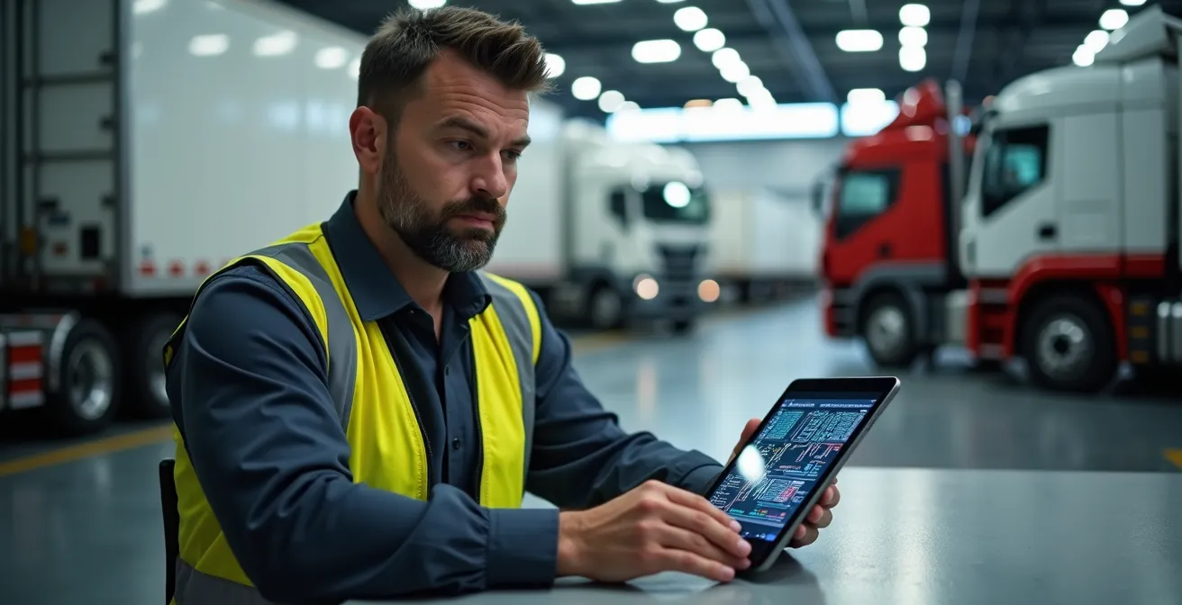 Fleet manager organizing digital maintenance records on a tablet in a vehicle maintenance facility