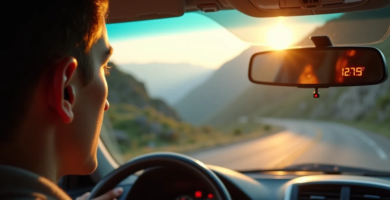 Driver's perspective checking dashboard transmission temperature gauge while towing