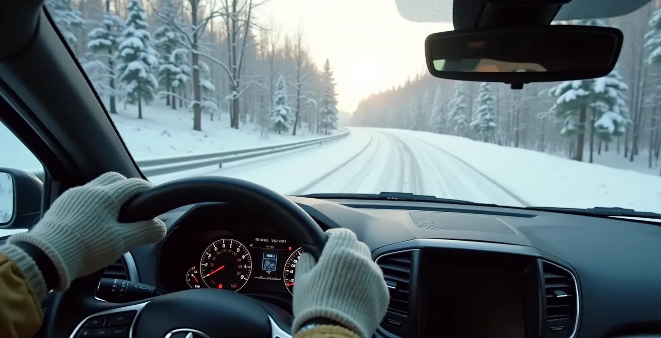 Driver's hands on steering wheel navigating icy turn with proper grip position