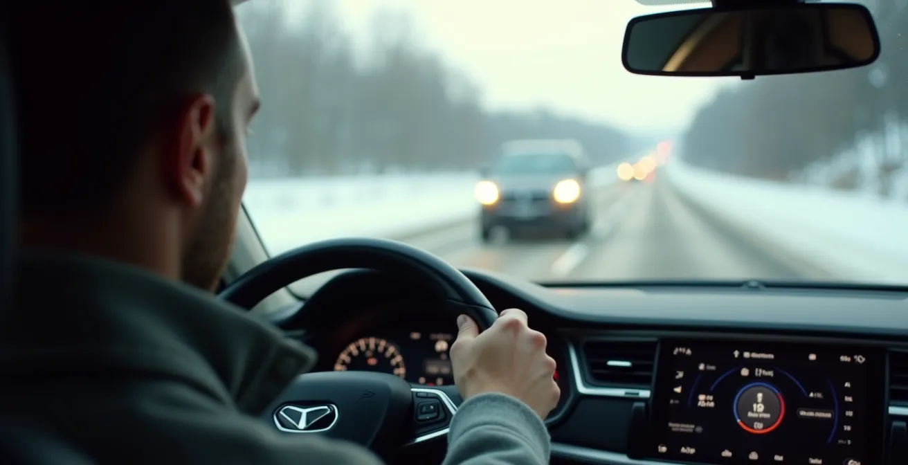 Driver's concerned expression as vehicle suddenly brakes on snowy highway