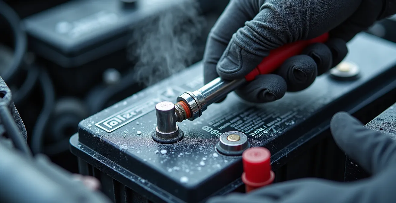 Close-up of hands disconnecting car battery terminal in Quebec winter conditions with frost visible