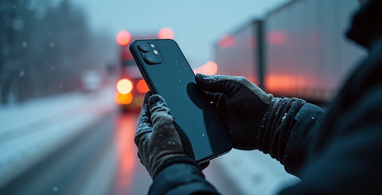 Truck driver documenting road conditions with smartphone during Quebec winter storm
