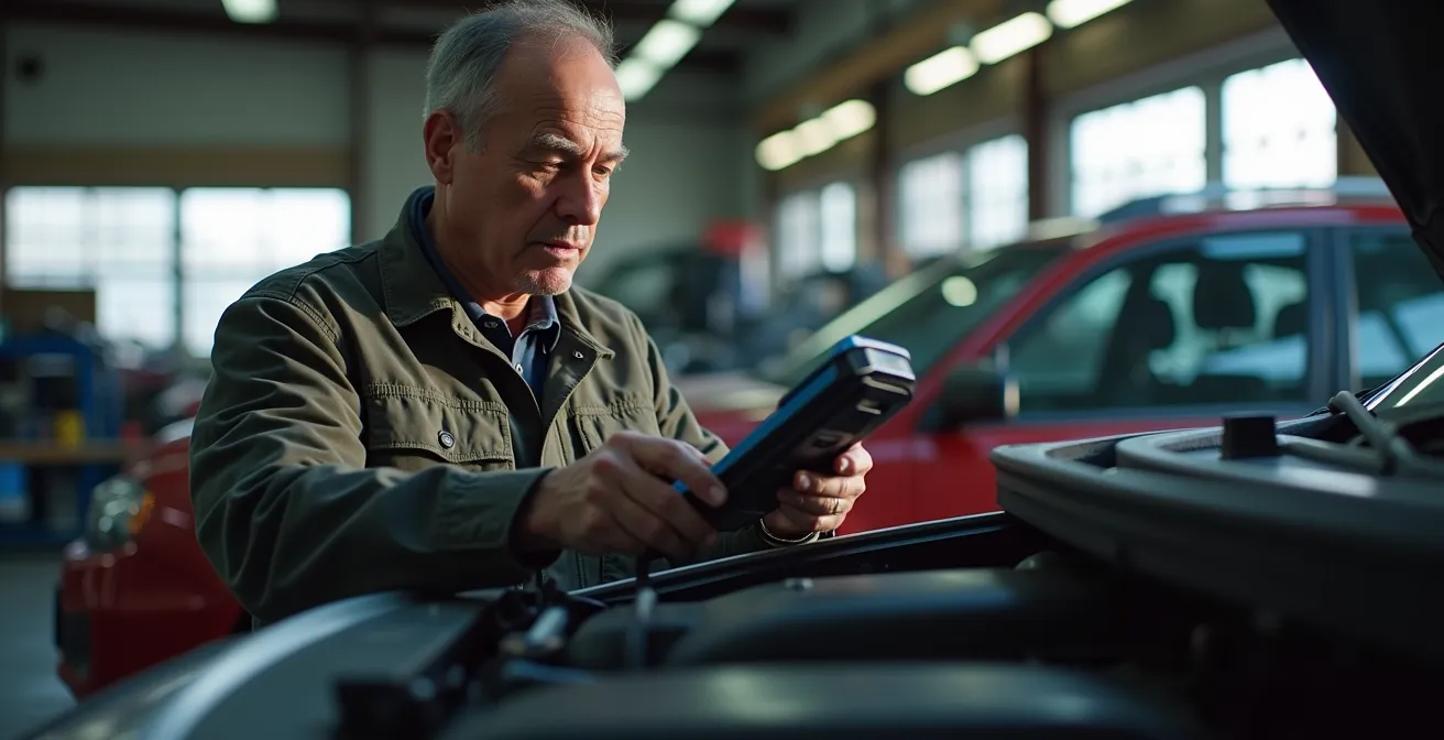Mechanic performing electrical diagnostic test on used car in Montreal garage