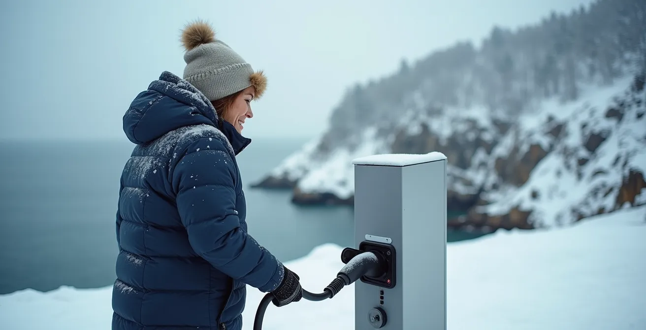 Electric vehicle charging at a remote station with the Gaspé coastline in winter