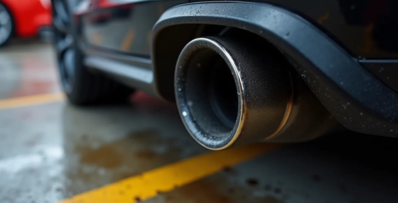 Close-up of exhaust system with decibel meter measurement