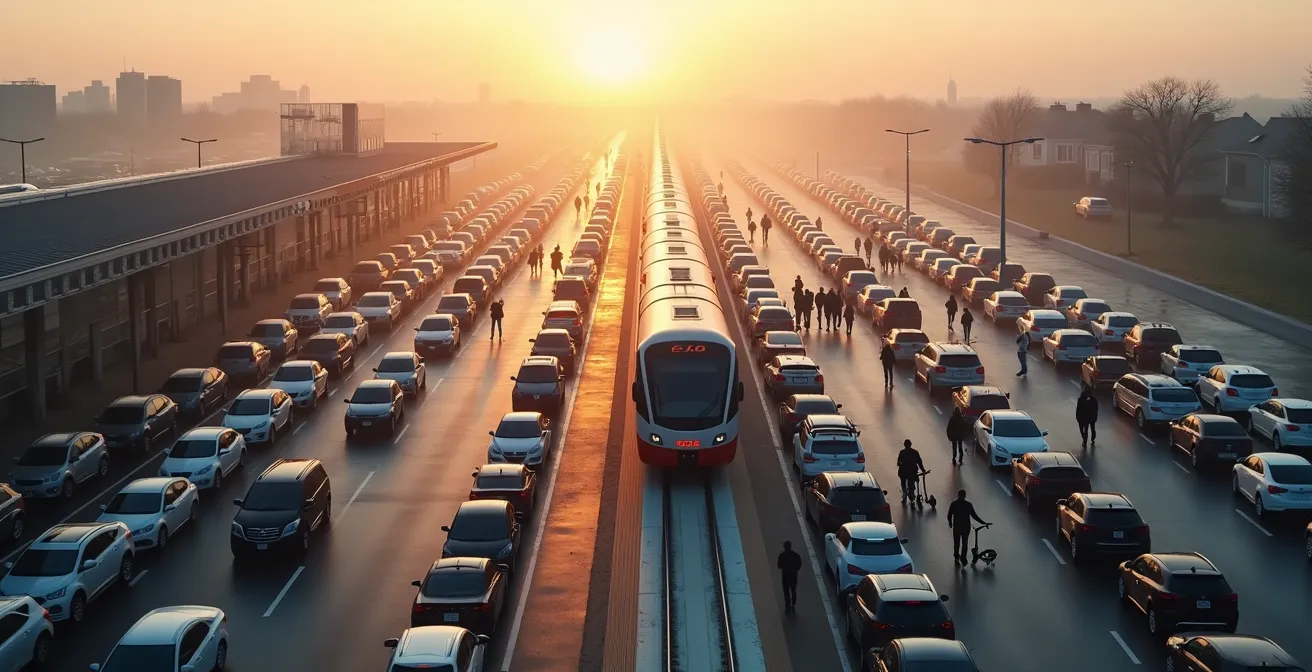 Aerial view of busy EXO train station parking lot at dawn with commuters boarding train