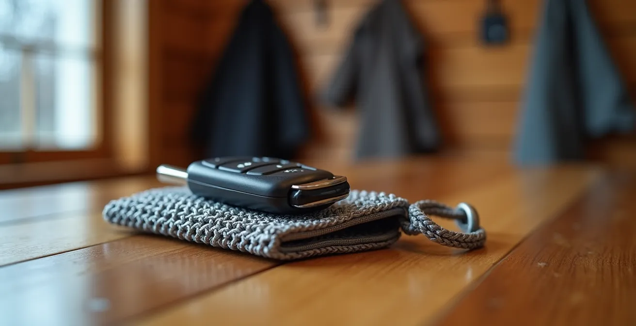 Close-up of a Faraday pouch protecting car keys in a Canadian home entryway