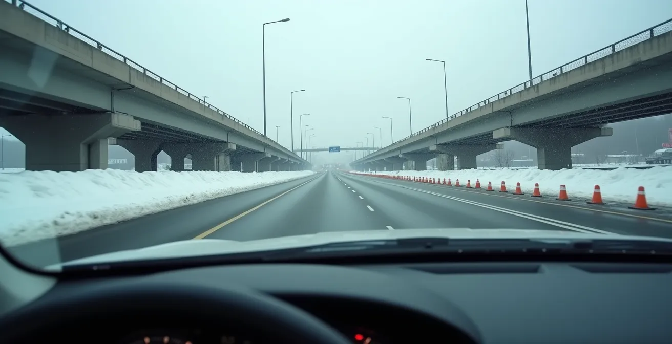 Driver's perspective showing 15-second forward scanning distance on Quebec highway with visual markers