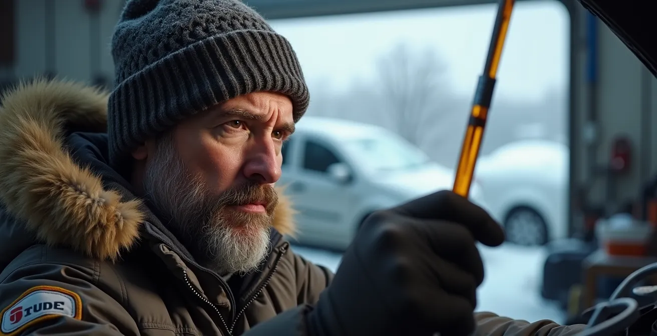 Close-up view of thick motor oil consistency in extreme cold Quebec winter conditions