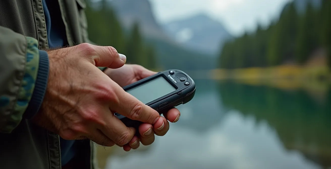 Close-up of weathered hands holding Garmin GPS showing topographical map in Quebec wilderness