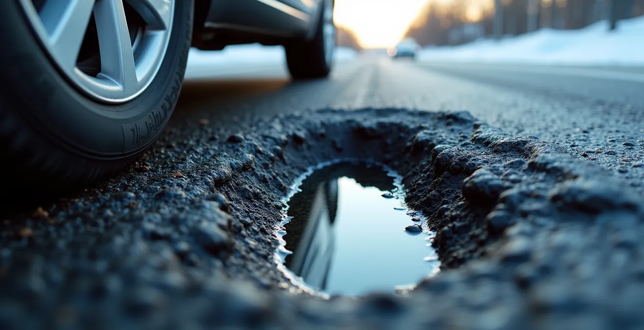 Dangerous black ice formation in a water-filled pothole on a Quebec highway