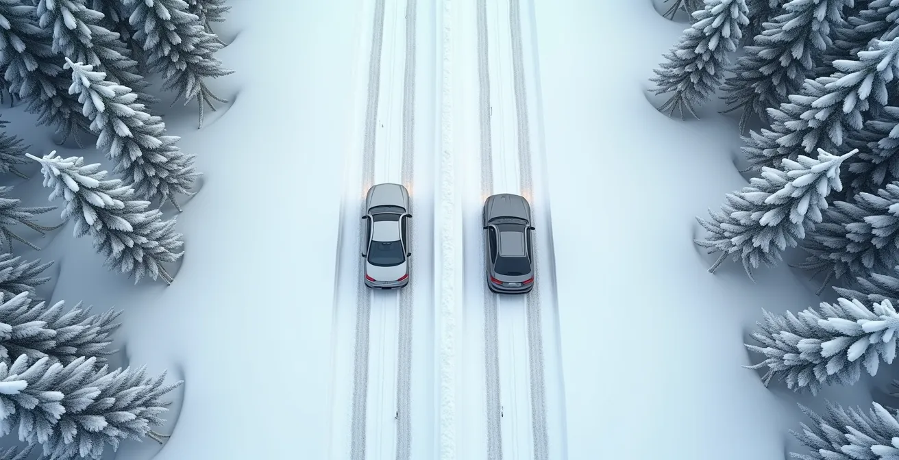 Split-screen aerial view showing two cars on snowy Quebec highway demonstrating different lane assist behaviors