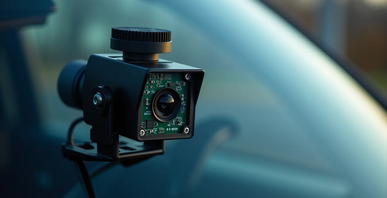 Close-up view of windshield-mounted ADAS camera system showing the difference in complexity between warning and keeping systems