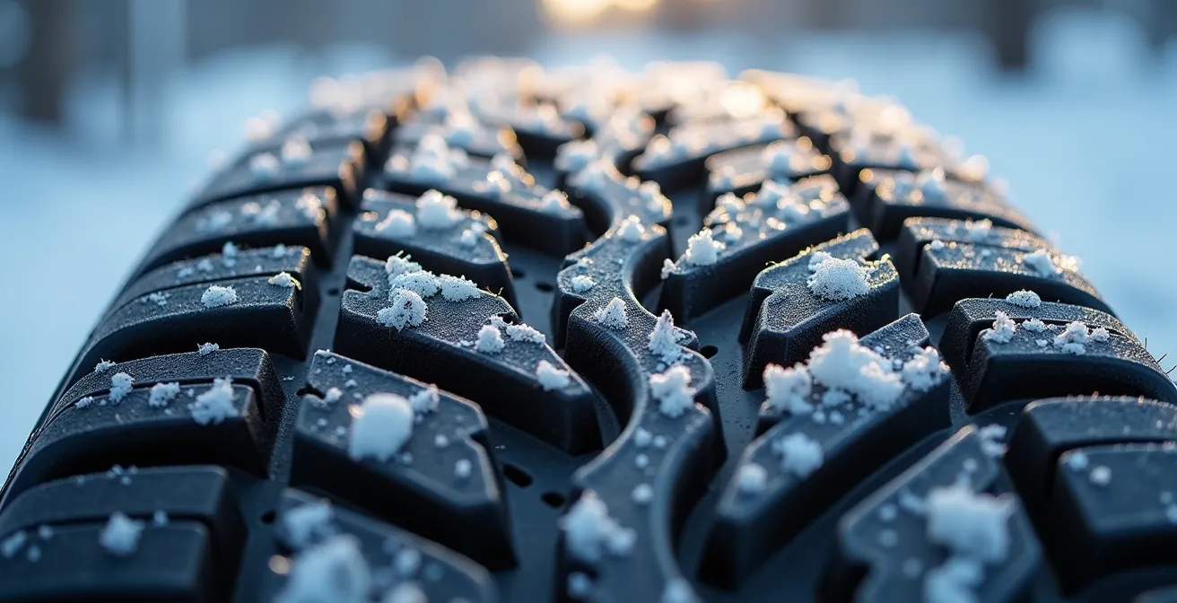 Extreme close-up of winter tire tread showing ice-gripping sipes and snow channels