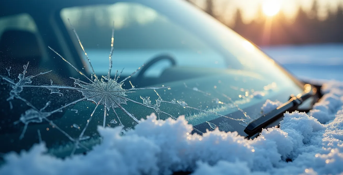 Extreme close-up of ice crystal formation on a car windshield showing thermal stress patterns