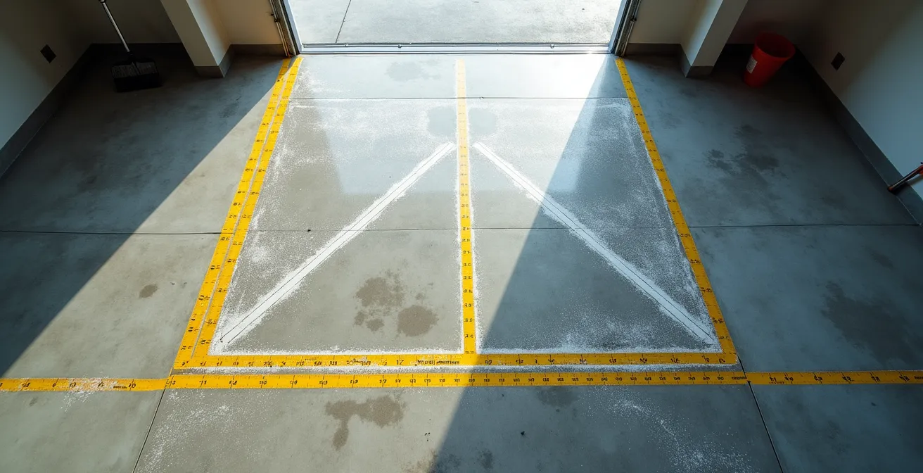 Overhead view of garage interior showing measurement tape and winter clearance zones