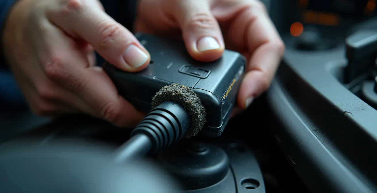 Automotive technician using diagnostic scanner on vehicle engine in professional repair shop