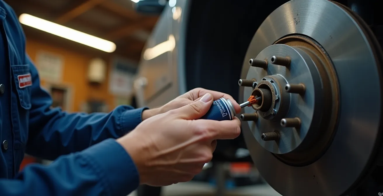 Close-up of a professional mechanic's hands carefully applying high-temperature grease to brake caliper slide pins in a garage setting.