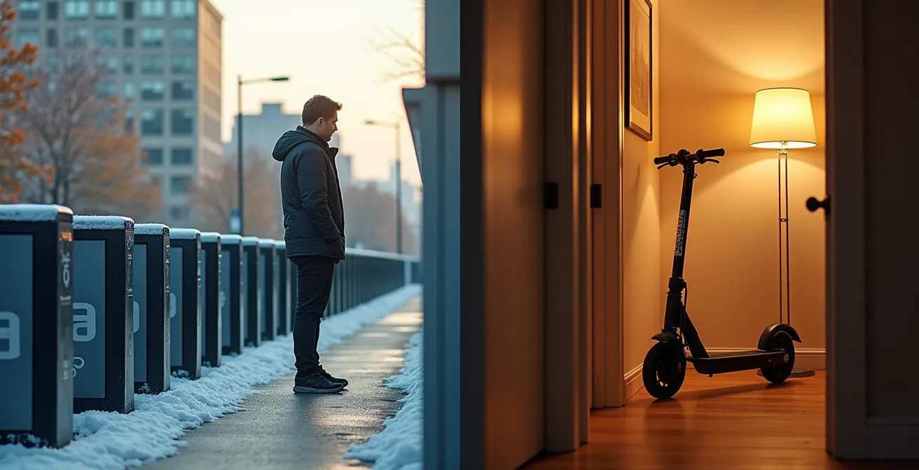 Split-screen comparison of BIXI station and personal e-scooter storage in Montreal