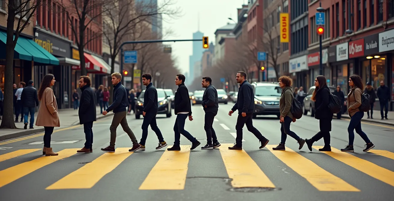 High-visibility crosswalk in Montreal with pedestrians crossing and cars yielding