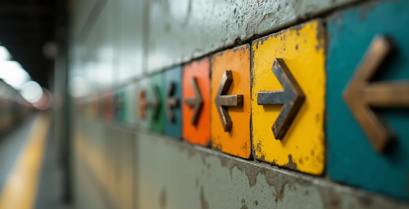 Metro station interior showing color-coded lines and directional symbols