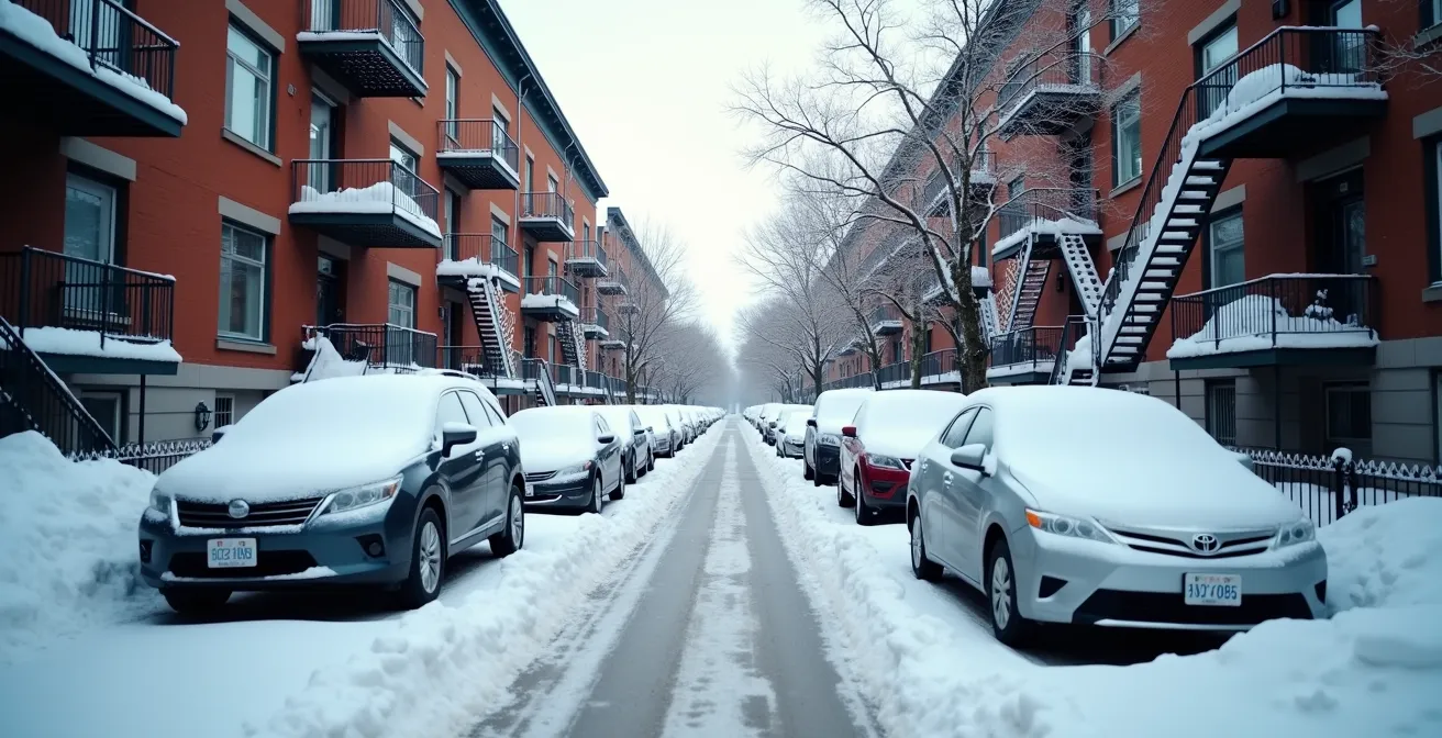 Wide angle view of typical Montreal residential street with parked cars