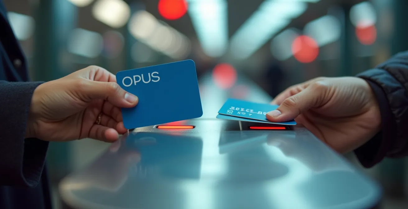 Close-up of hands holding OPUS card and contactless credit card near STM payment reader