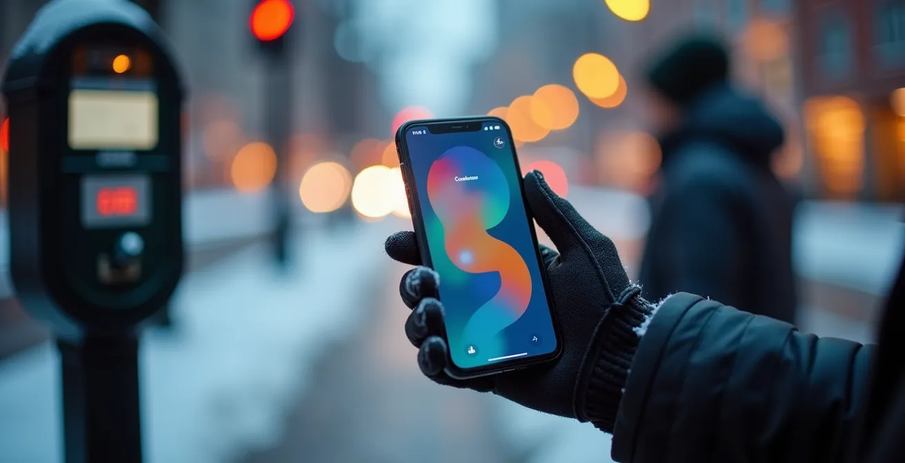 Close-up of hands using smartphone for parking payment with meter blurred in background