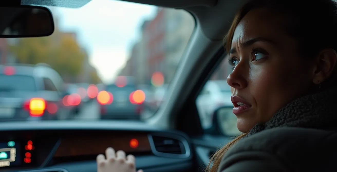 Dense Montreal city traffic showing vehicle proximity sensors at work