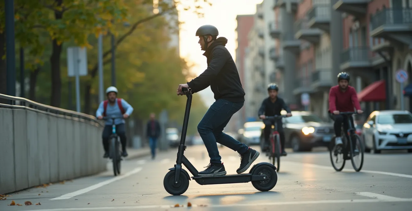 E-scooter rider using Montreal's protected REV bike lane network