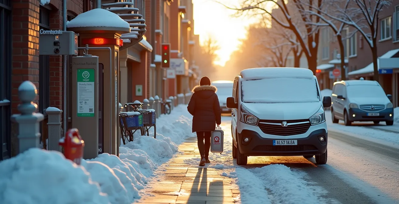 Montreal street corner showing Communauto car, BIXI station and cleared winter sidewalks