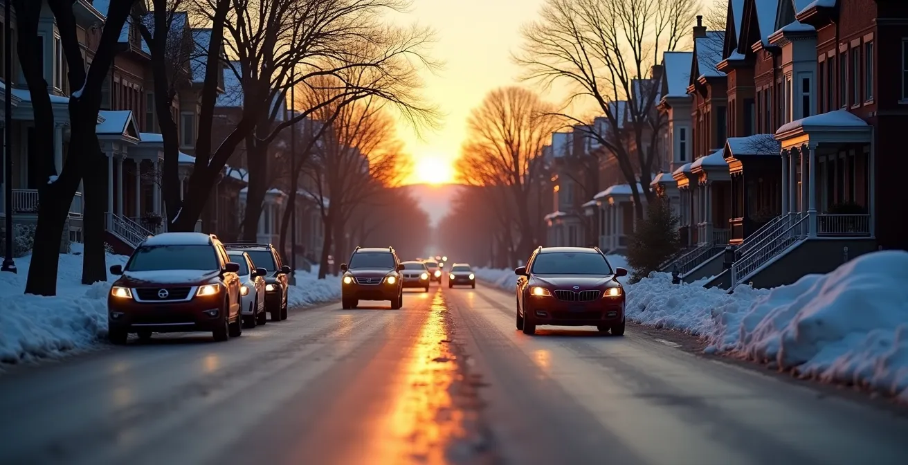 Urban Montreal winter street scene showing different vehicle types navigating snowy conditions