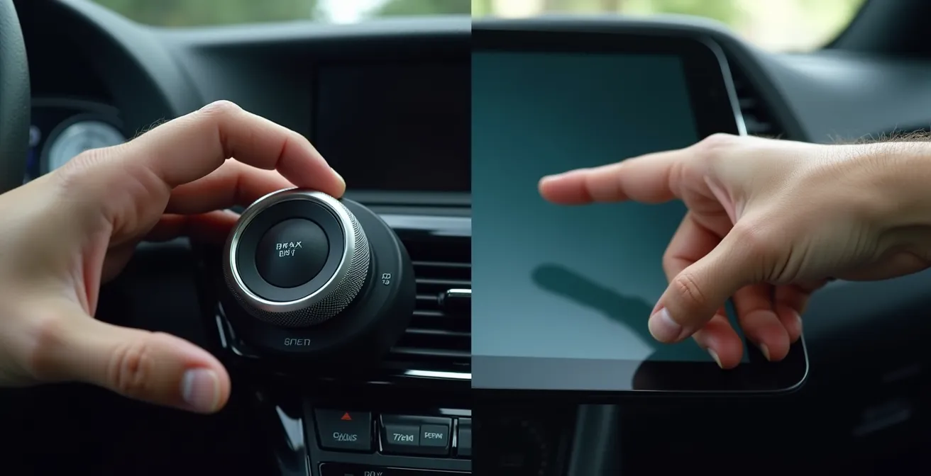 Close-up comparison of hand operating physical climate knob versus touchscreen interface