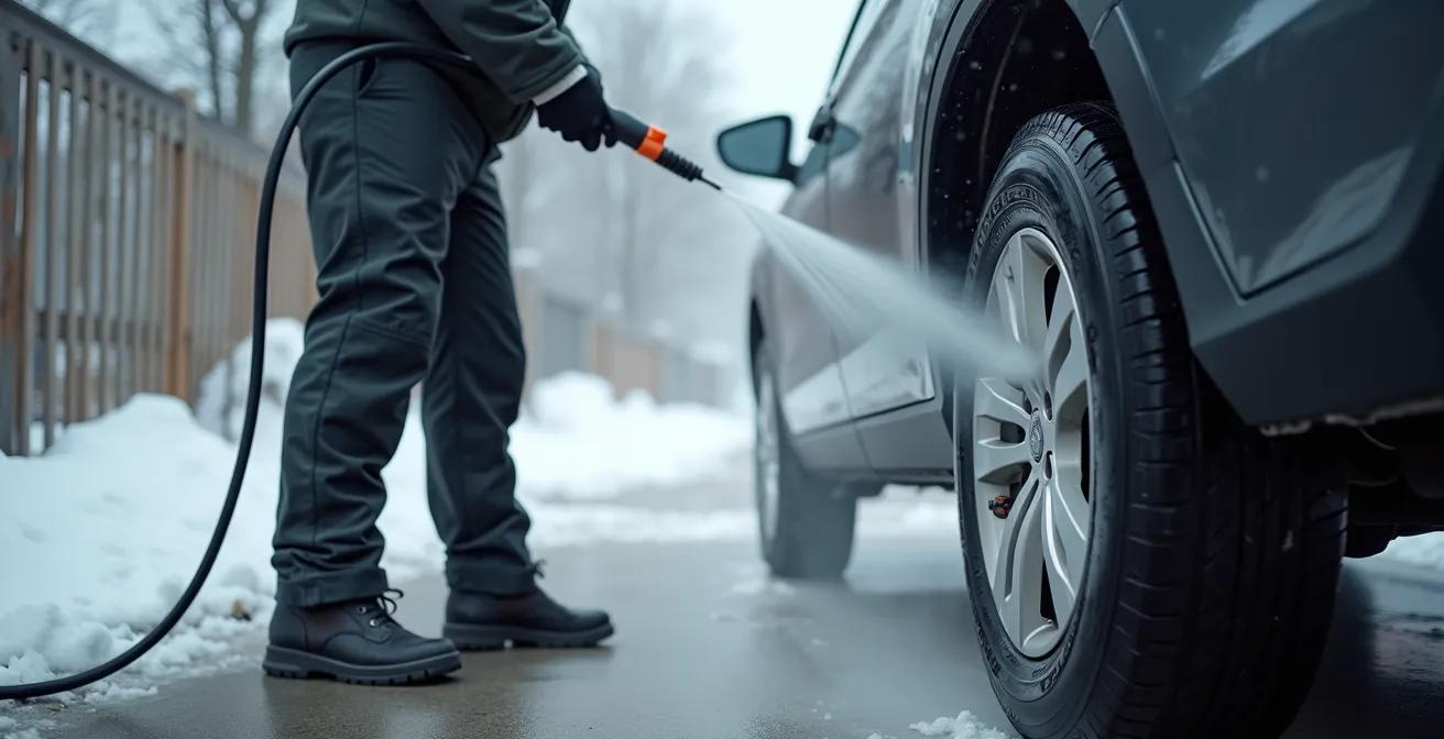 Person using a pressure washer on a car's wheel area, focusing on the brake components in a winter setting.