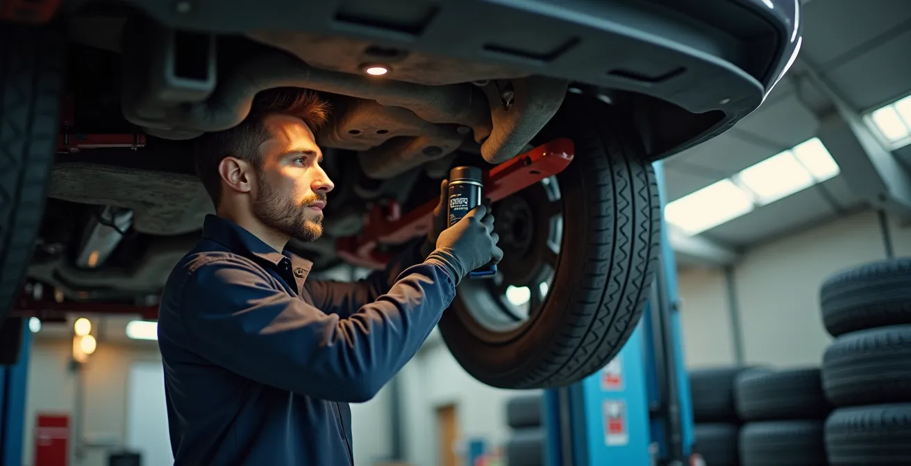 Professional mechanic performing winter vehicle maintenance in Quebec garage