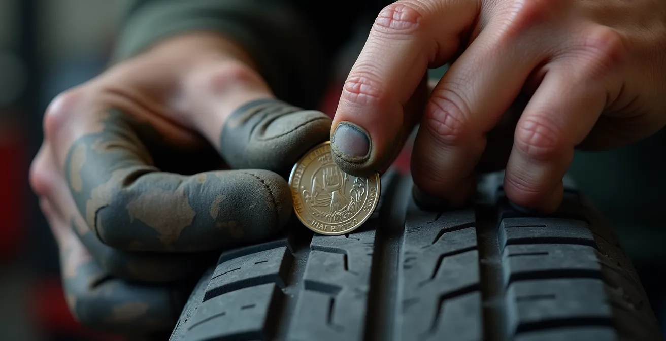 Hands holding Canadian quarter against tire tread groove showing caribou nose measurement technique