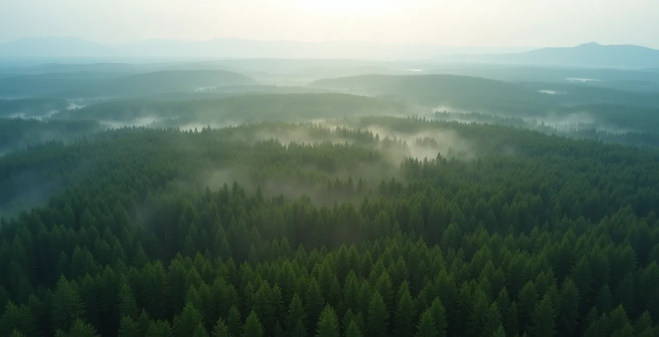 Aerial view of Quebec boreal forest showing new growth areas for carbon offset programs