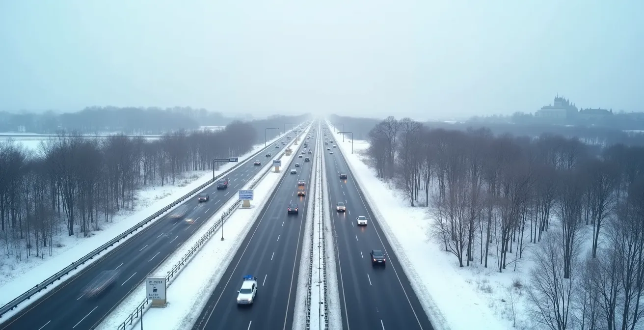 Aerial view of heavy traffic on the highway leading to Quebec City during the Winter Carnival, a peak demand period for carpooling.