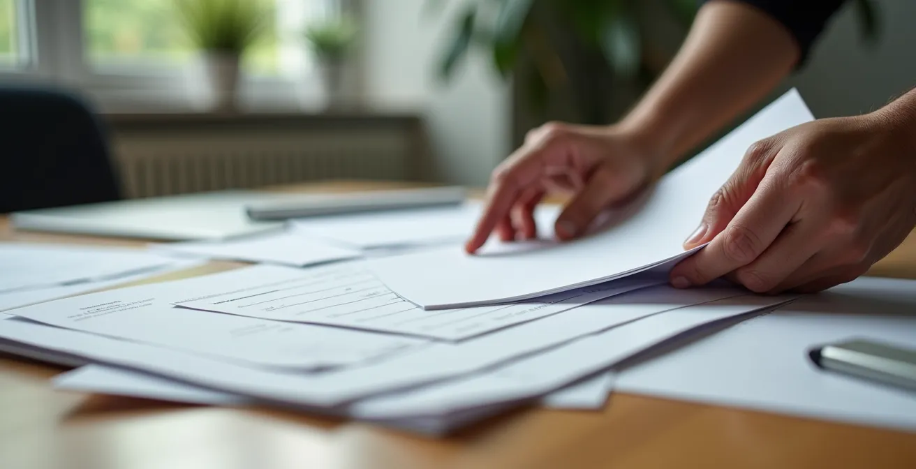 Hands organizing official documents and mechanic reports on a clean desk surface