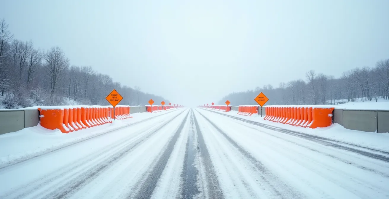 Winter construction zone on Quebec highway with orange cones and lane shifts