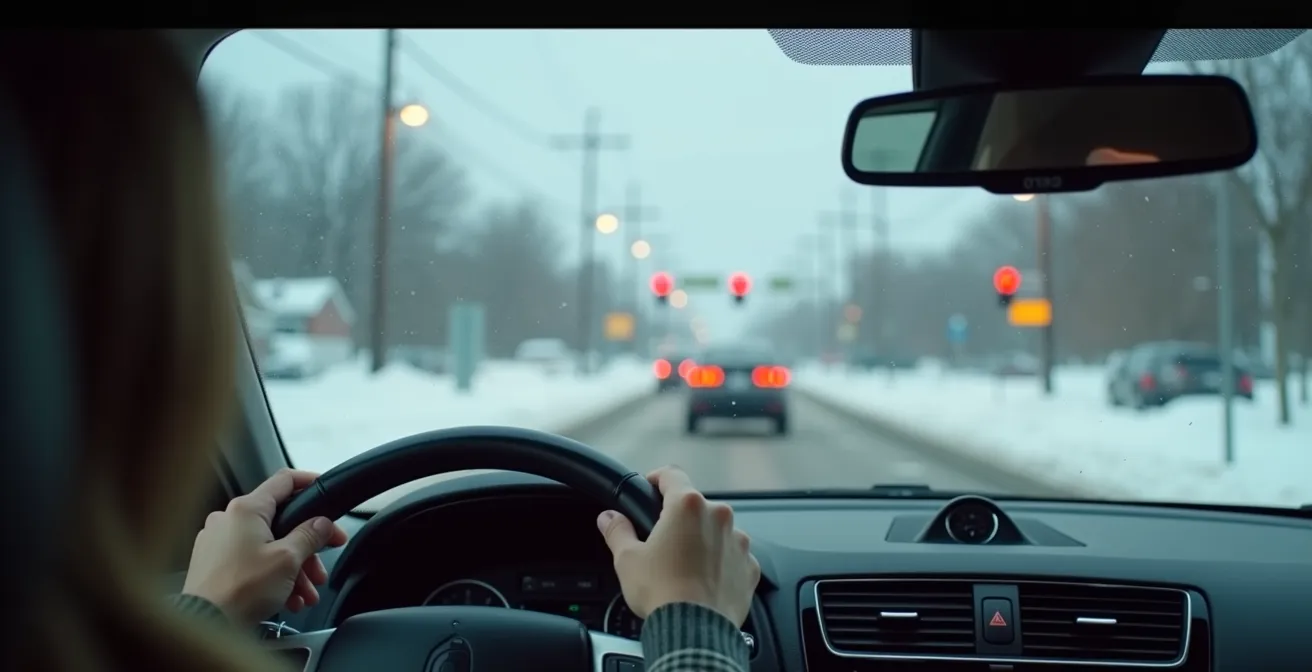 Driver's perspective showing proper turn signal use in a snowy Quebec roundabout